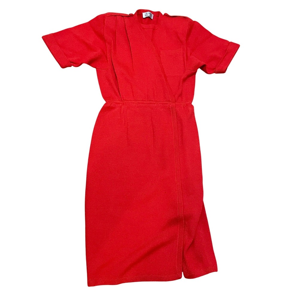 VTG St John Red Santana Knit Wrap‎ Midi Dress Short Sleeve Old Money Designer